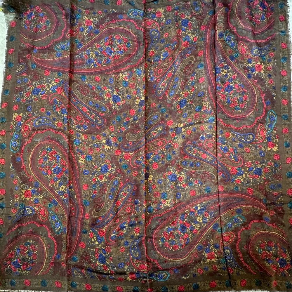 Vintage Albert nippon Paisley Floral Scarf - Rich Brown w/Red & Blue 40” square
